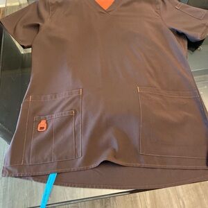 Brown Scrub Top with Orange Accents